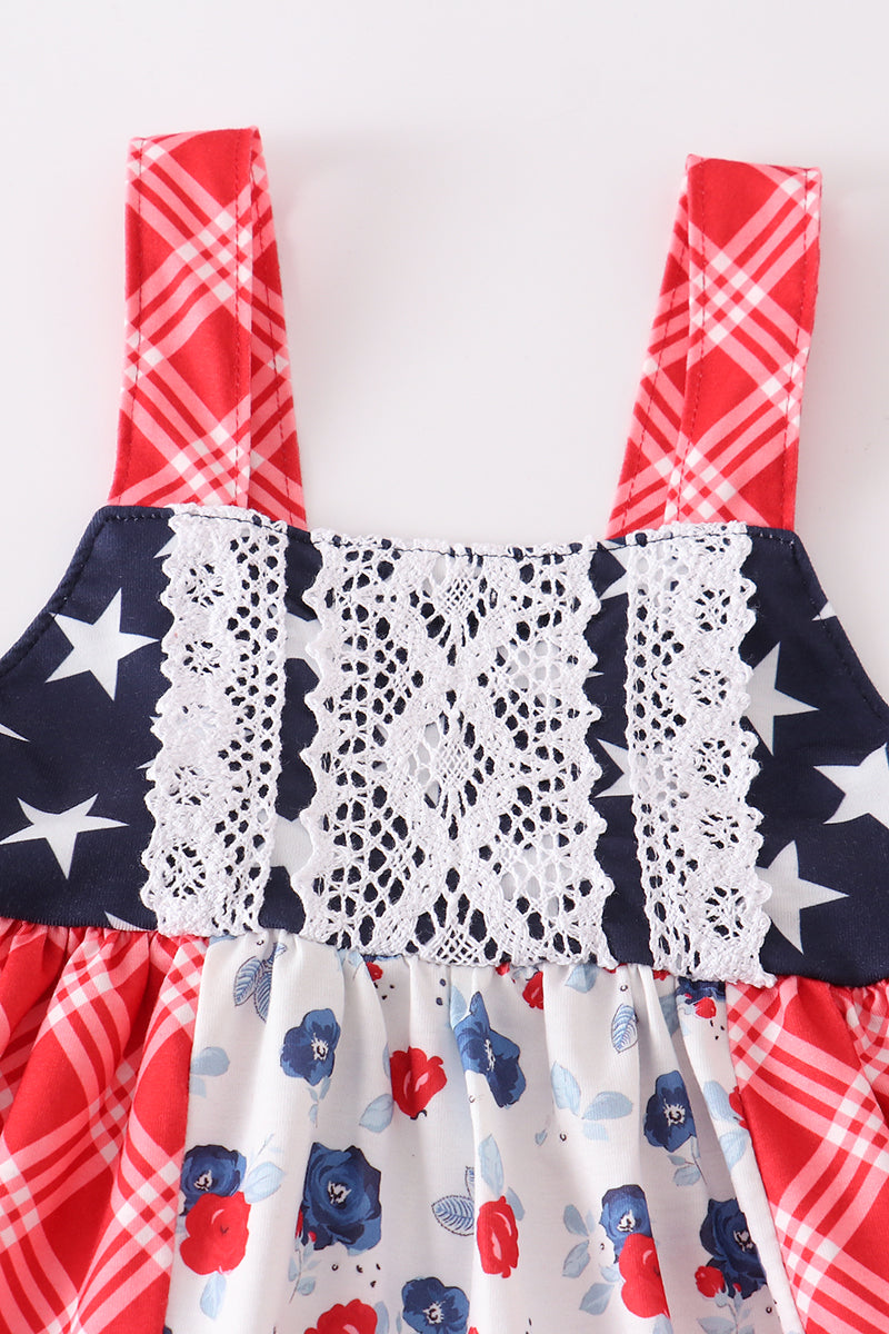 Patriotic floral plaid lace girl set