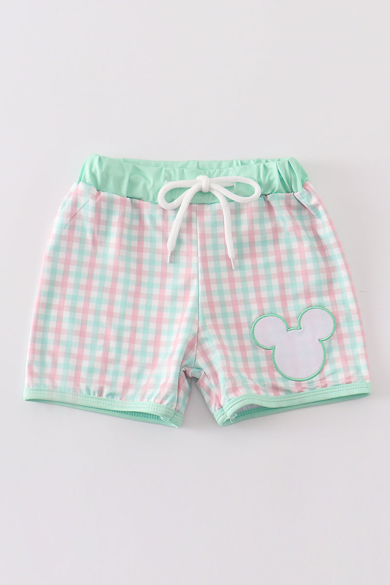 Green character applique plaid boy swim trunks