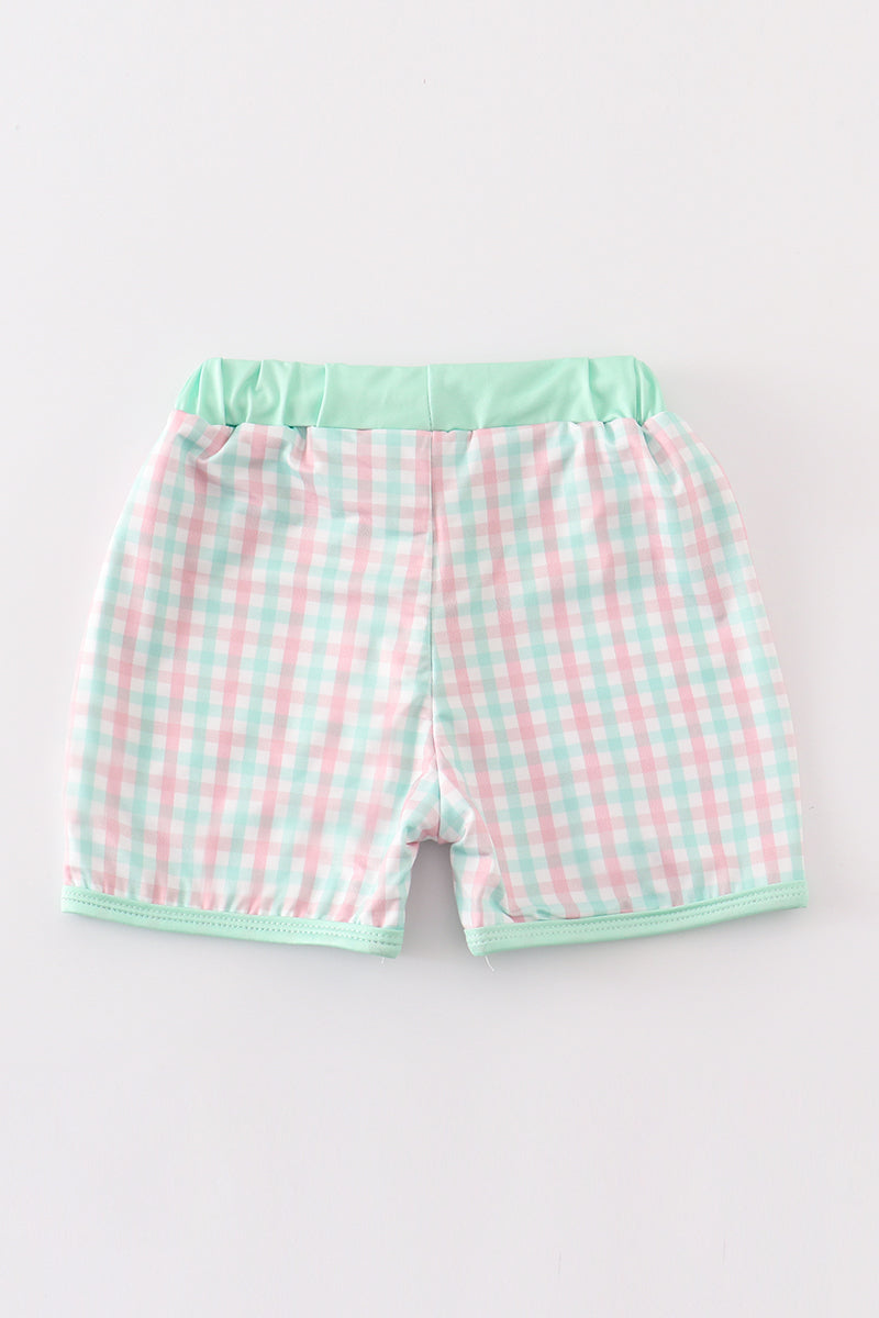 Green character applique plaid boy swim trunks