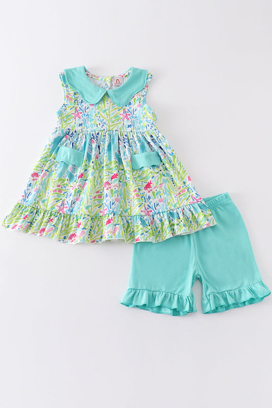 Green floral print girl ruffle shorts set