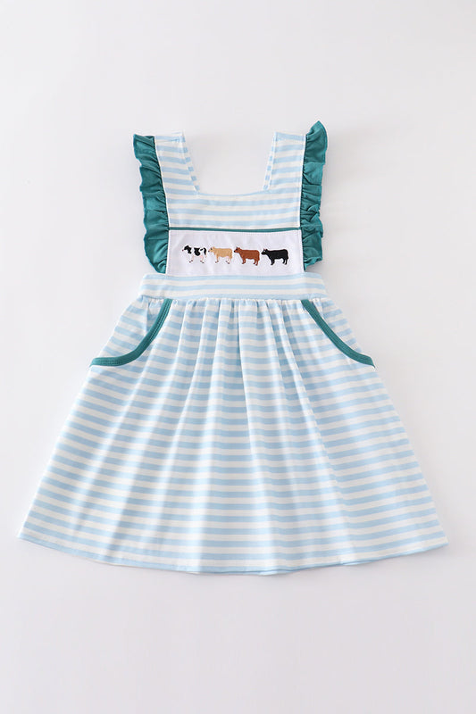 Blue stripe cow embroidery dress