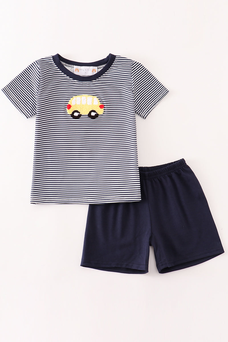 Navy bus french knot boy set