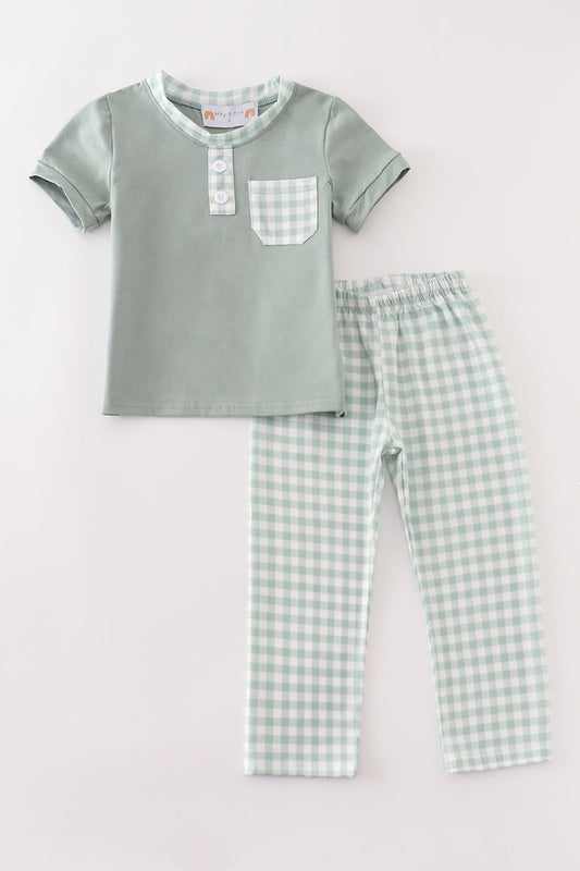 Sage plaid pocket boy set