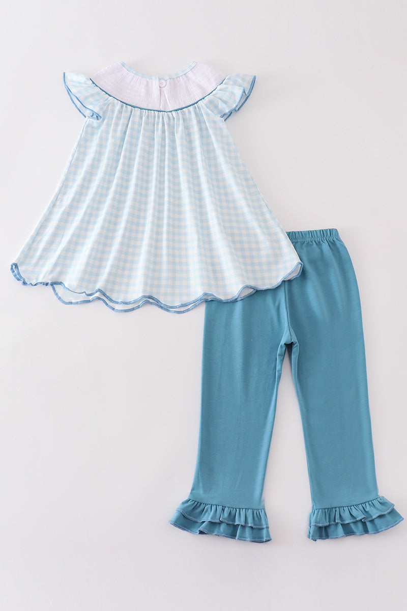 Blue gingham cow embroidery smocked girl set