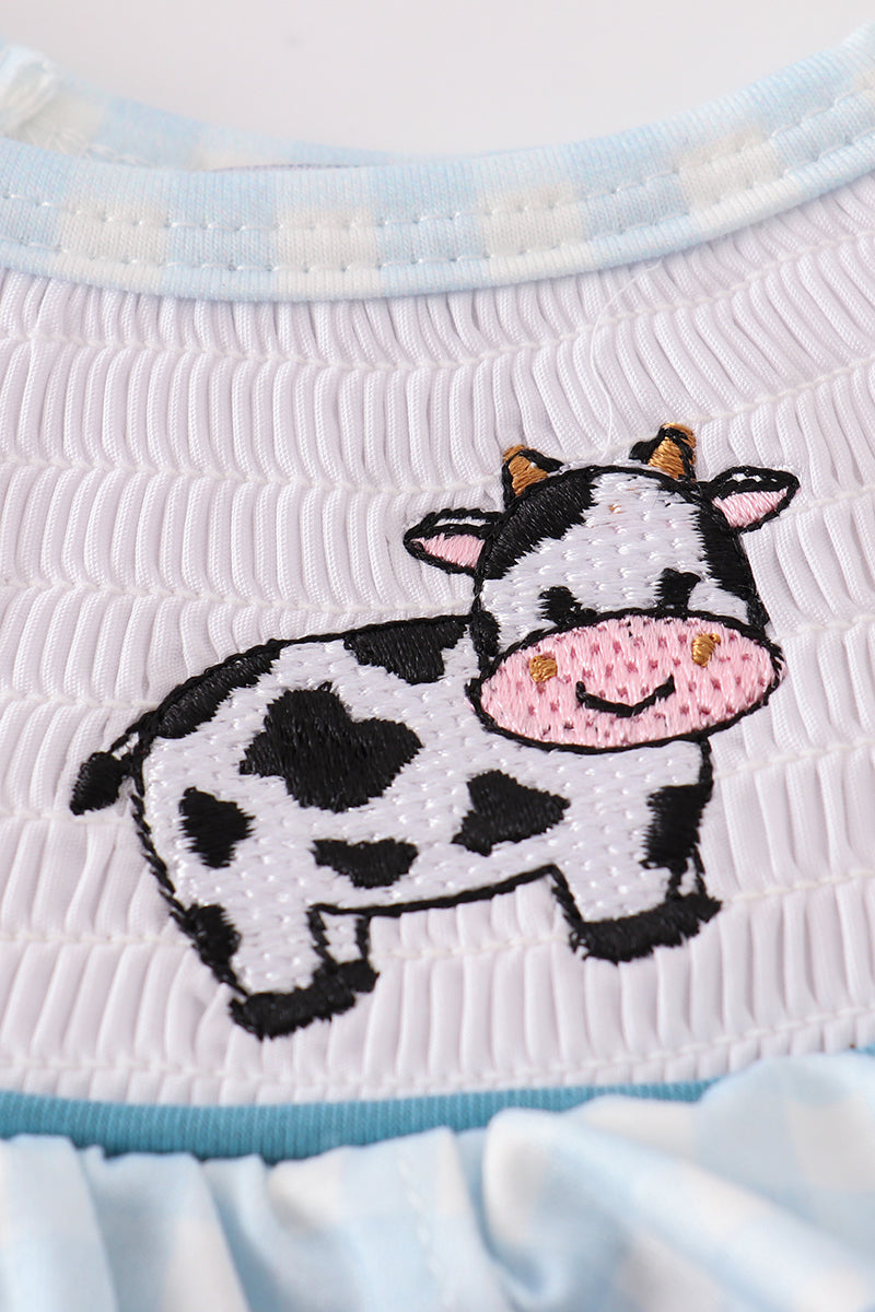 Blue gingham cow embroidery smocked baby set