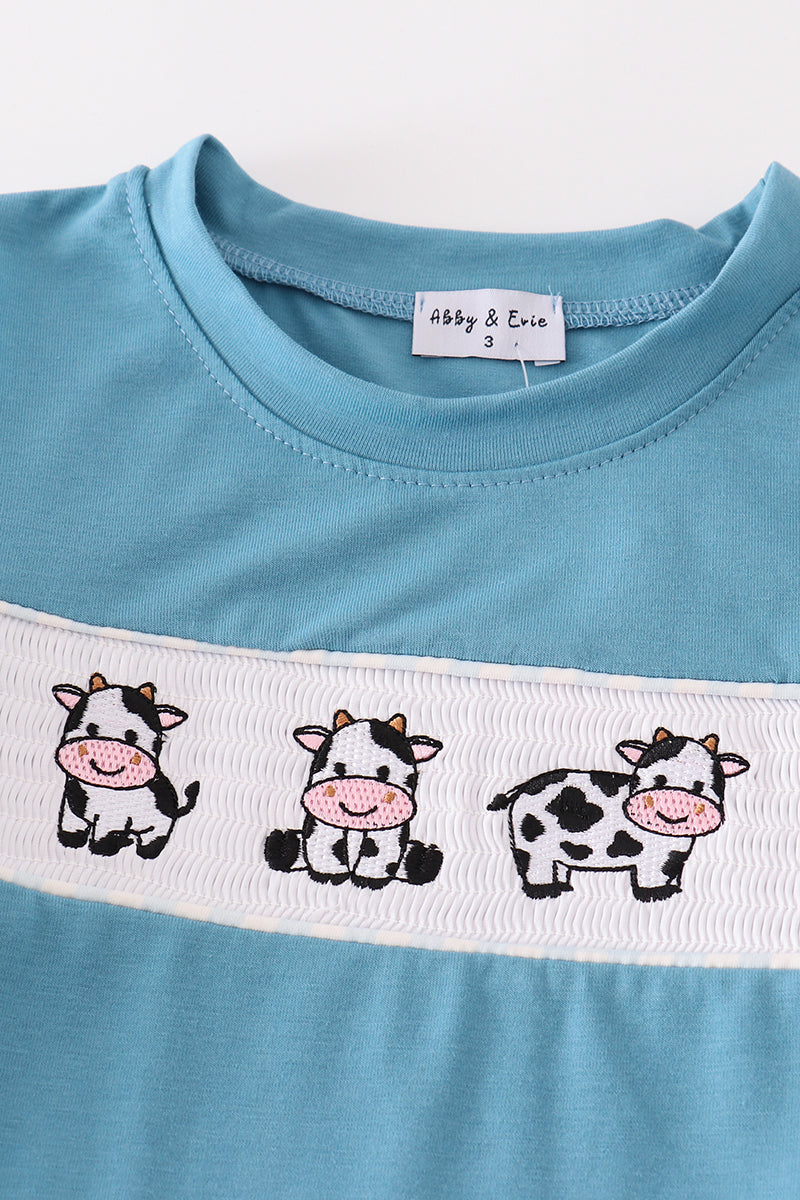 Blue gingham cow embroidery smocked boy set