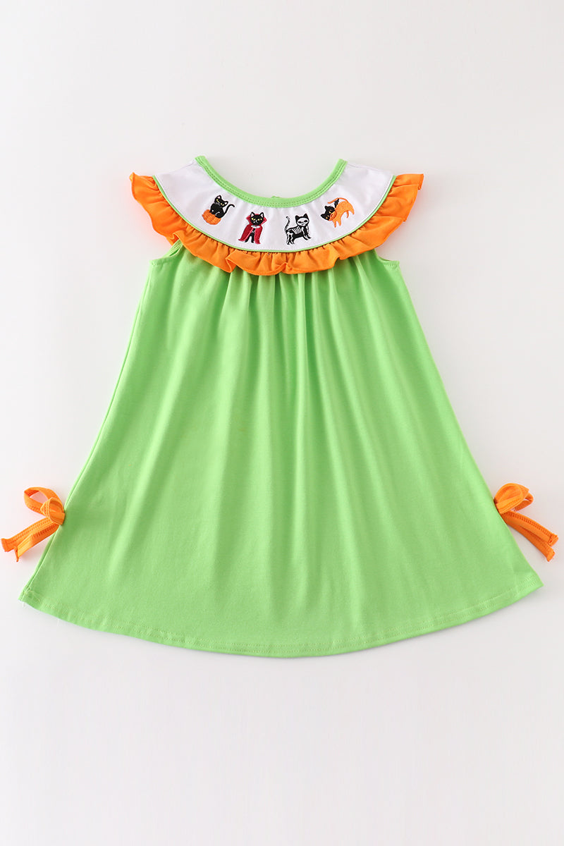 Green halloween cat embroidery dress