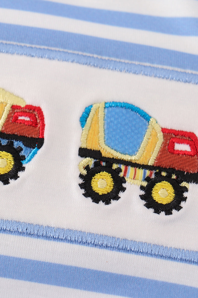 Blue construction trucks embroidery boy bubble