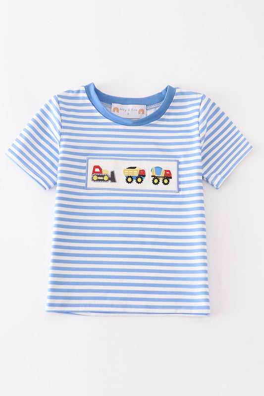 Blue construction trucks embroidery stripe boy top