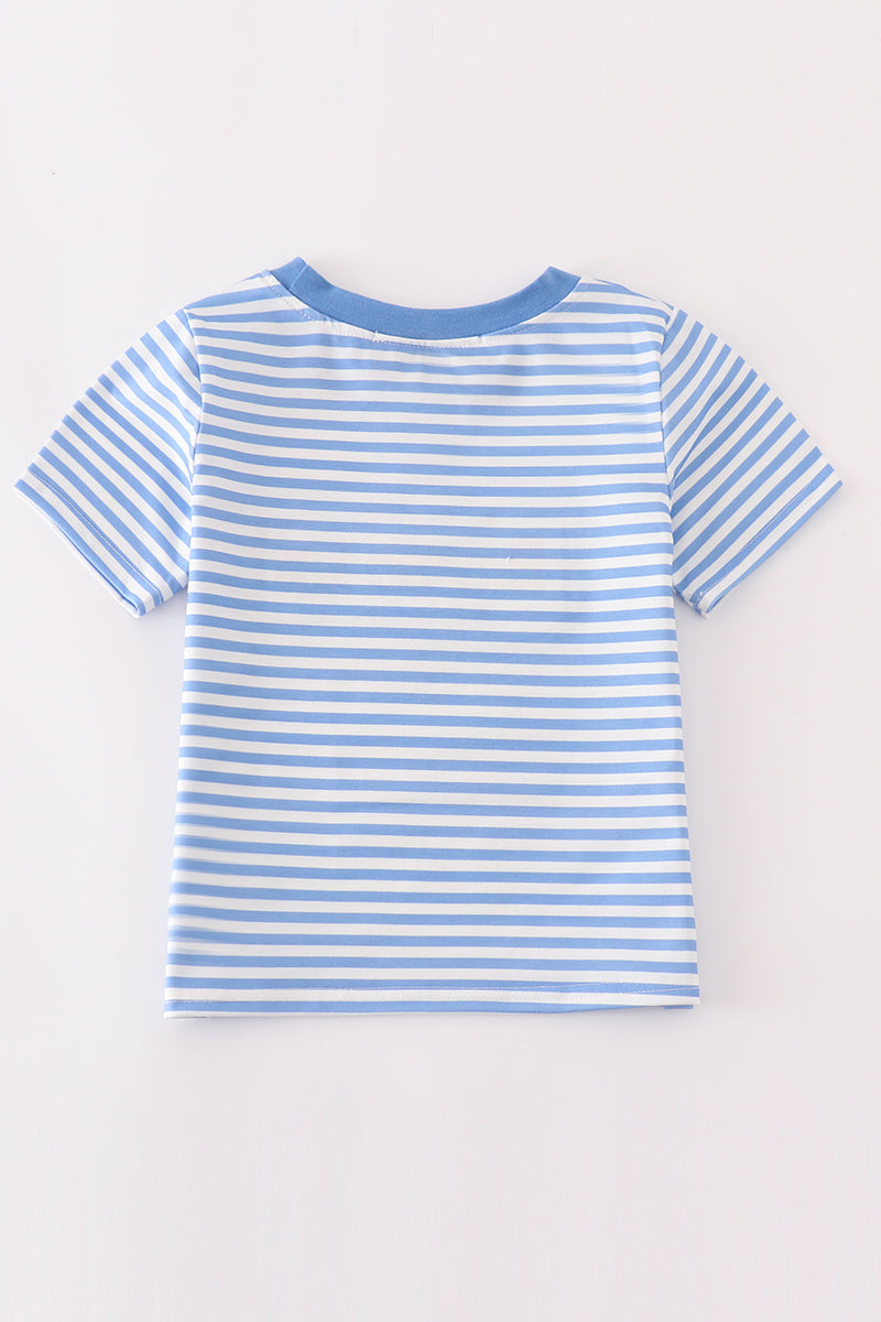 Blue construction trucks embroidery stripe boy top