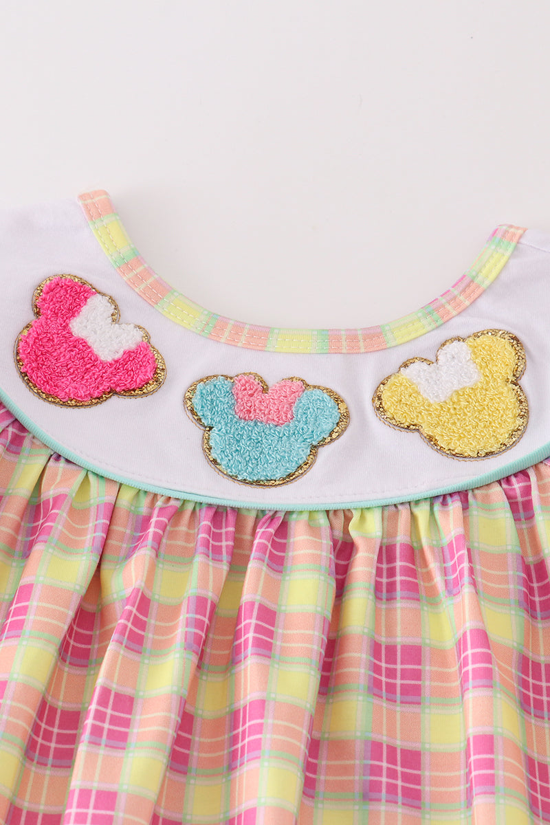 Pink character french knot plaid girl set