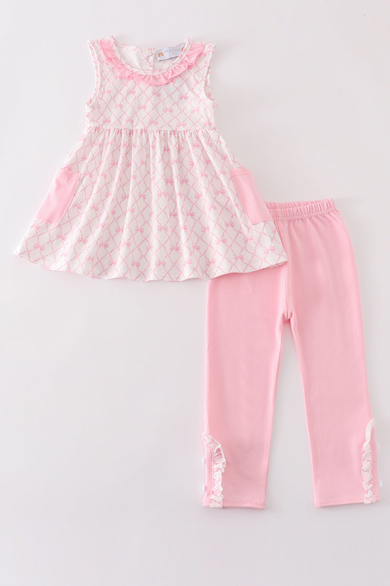 Pink bow embroidery girl set