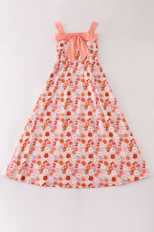 Pumpkin floral print bow women dress