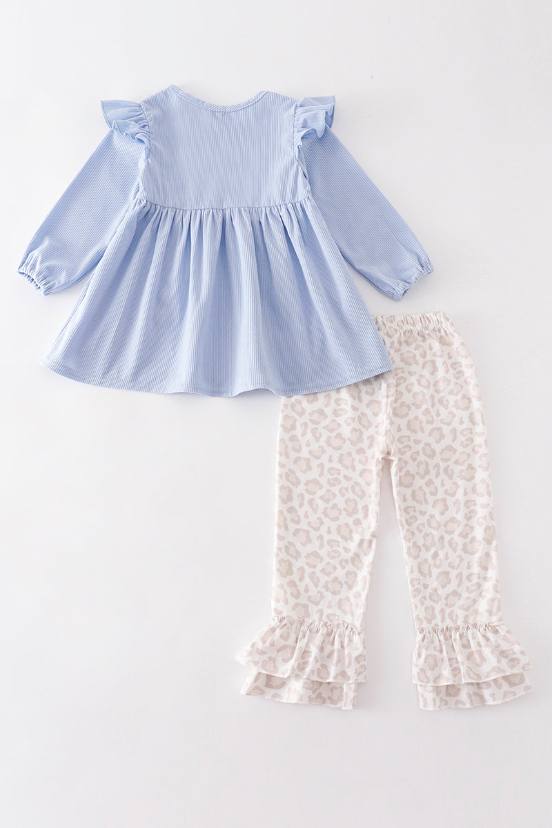 Blue corduroy leopard ruffle set