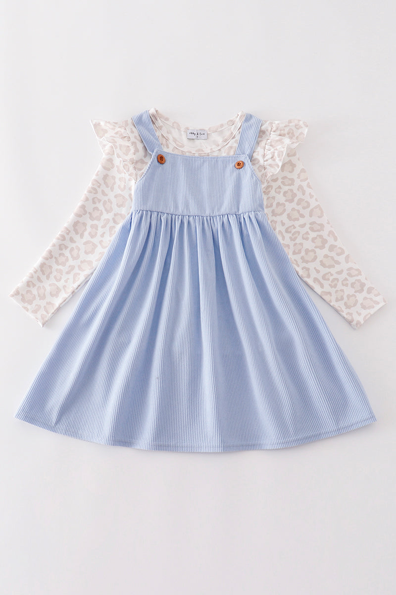 Blue corduroy leopard ruffle girl dress set