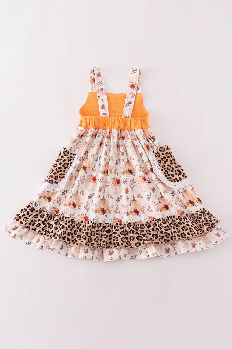 Orange pumpkin leopard ruffle dress