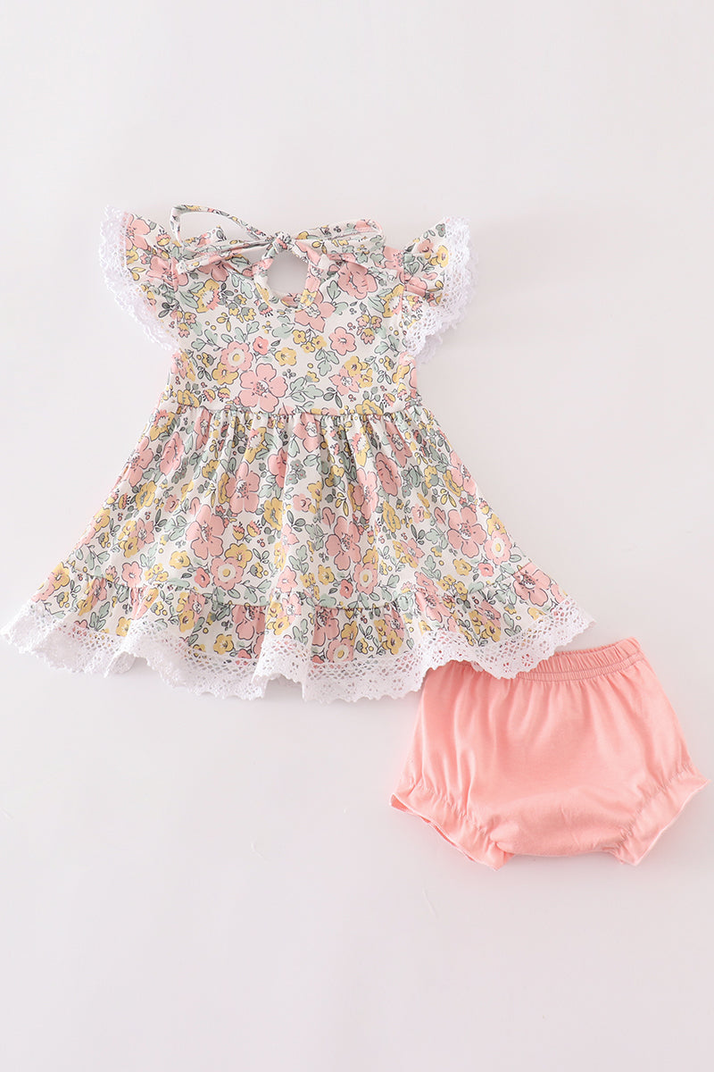 Pink floral print baby bloomers set