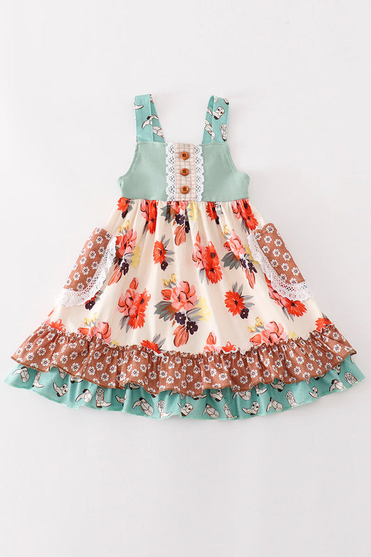 Green floral boots print ruffle dress