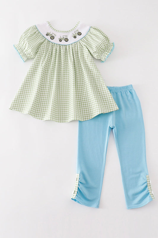 Green tractor embroidery gingham girl set