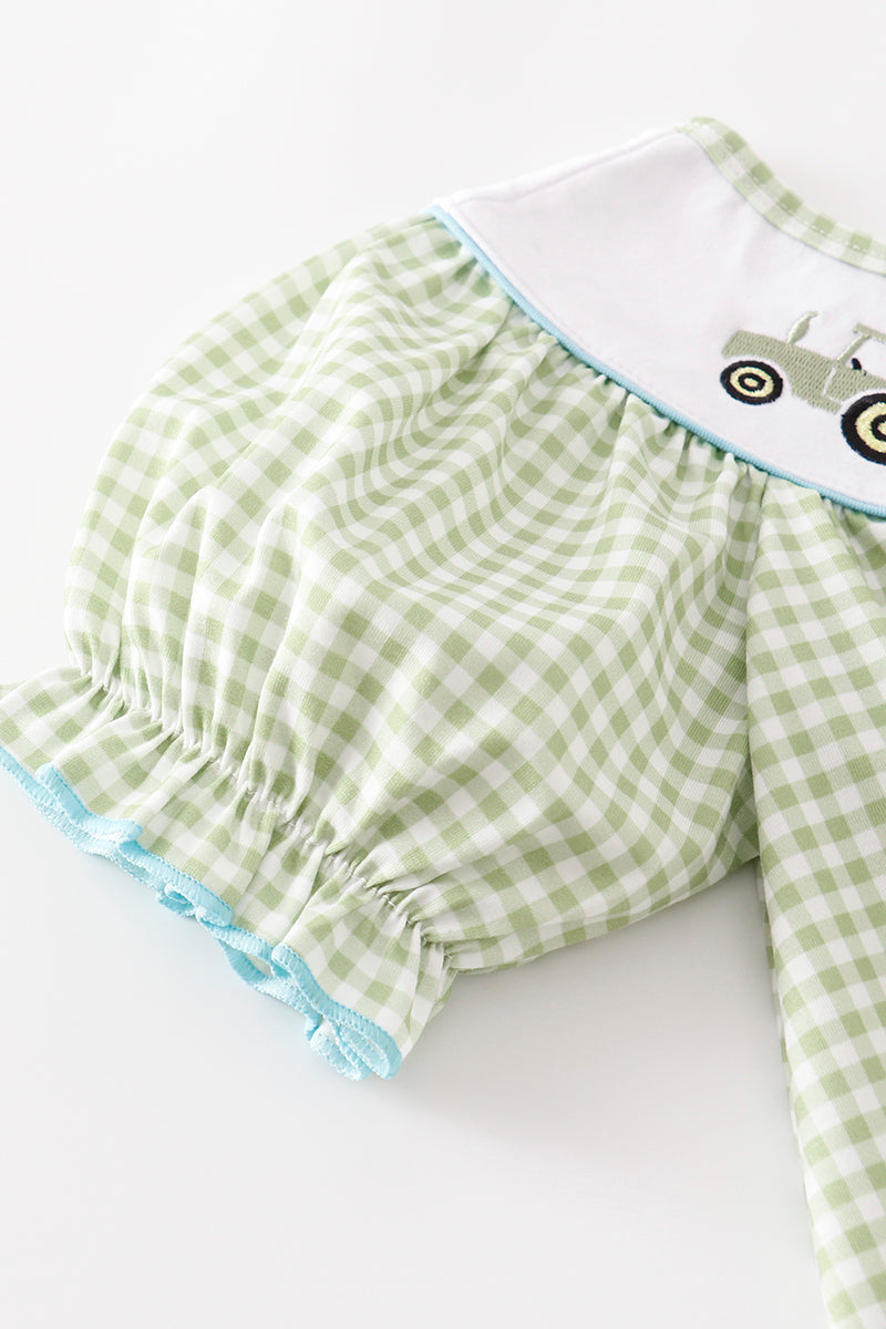 Green tractor embroidery gingham girl set