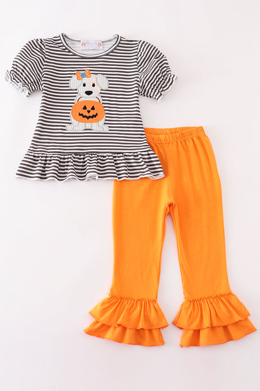 Halloween pumpkin puppy stripe applique girl set