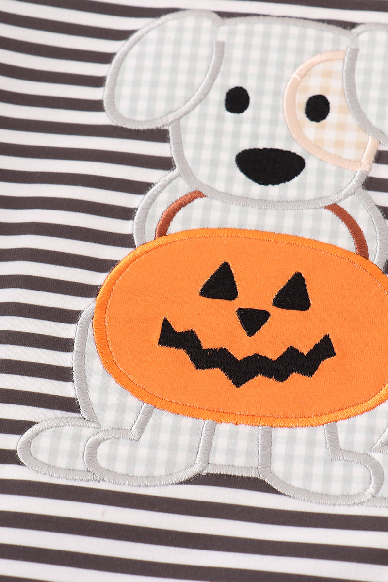 Halloween pumpkin puppy stripe applique boy set