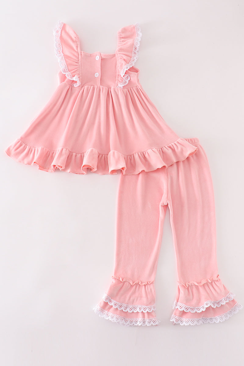 Pink velvet pumpkin embroidery girl set