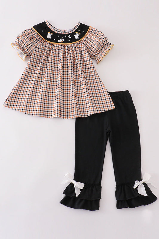 Halloween ghost embroidery plaid girl set