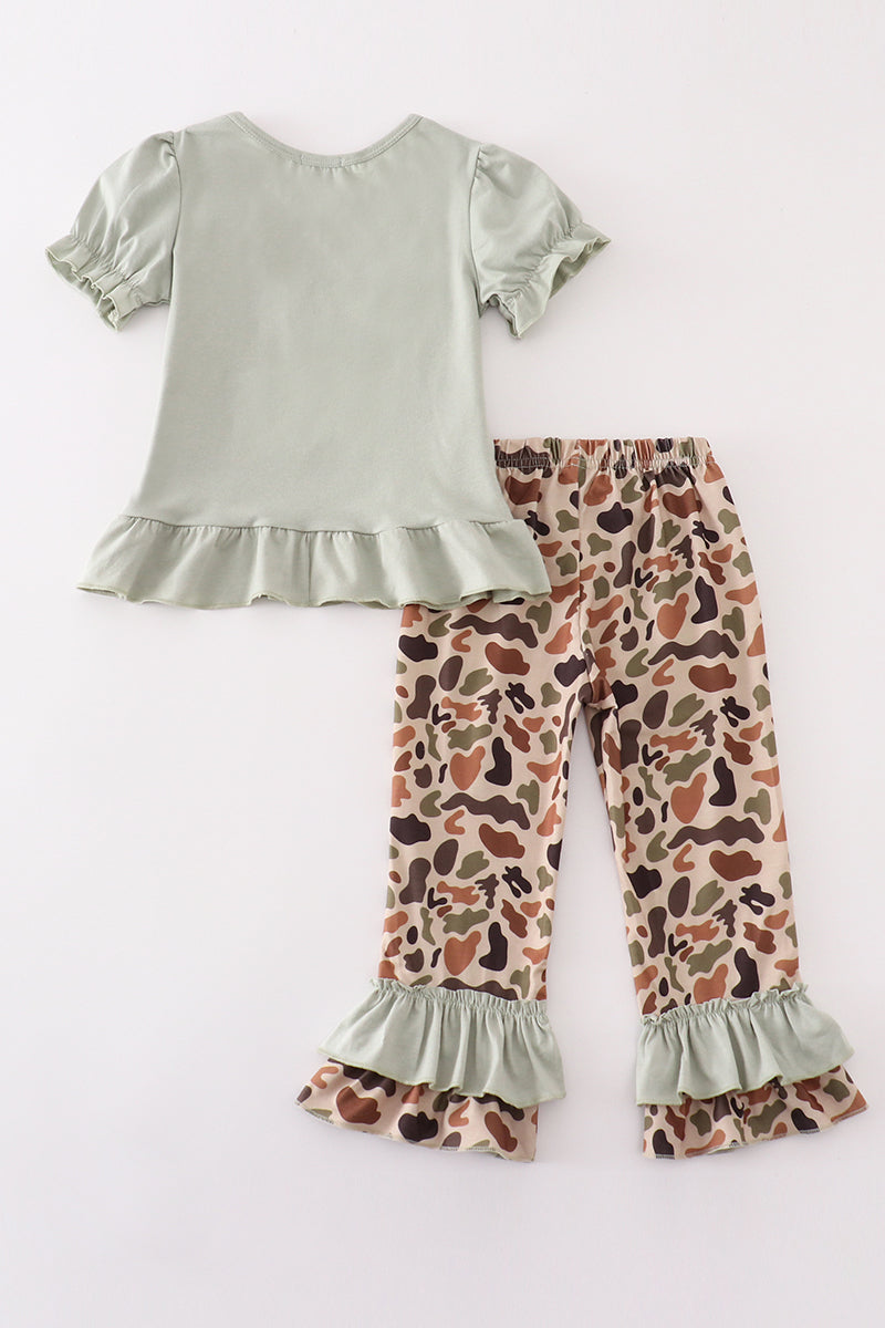 Green camouflage deer applique girl pants set