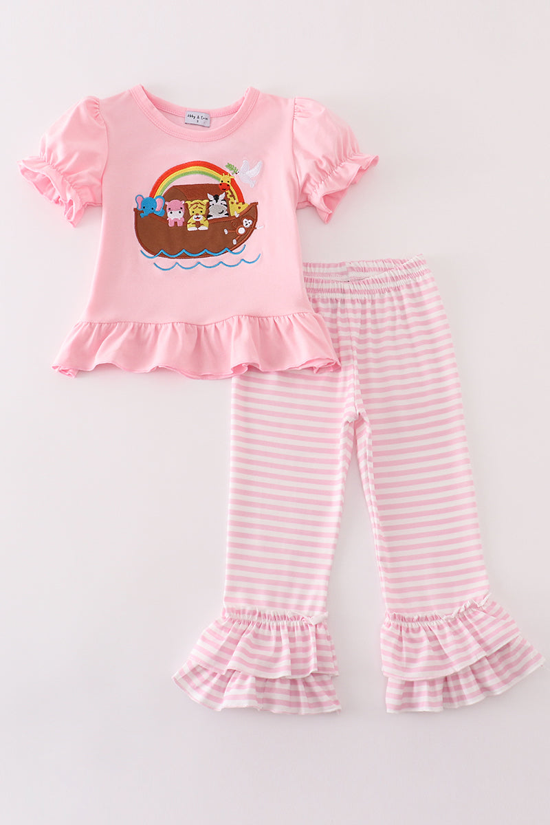 Pink stripe noah's ark applique girl set