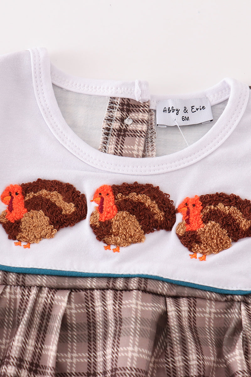 Brown plaid turkey french knot boy romper