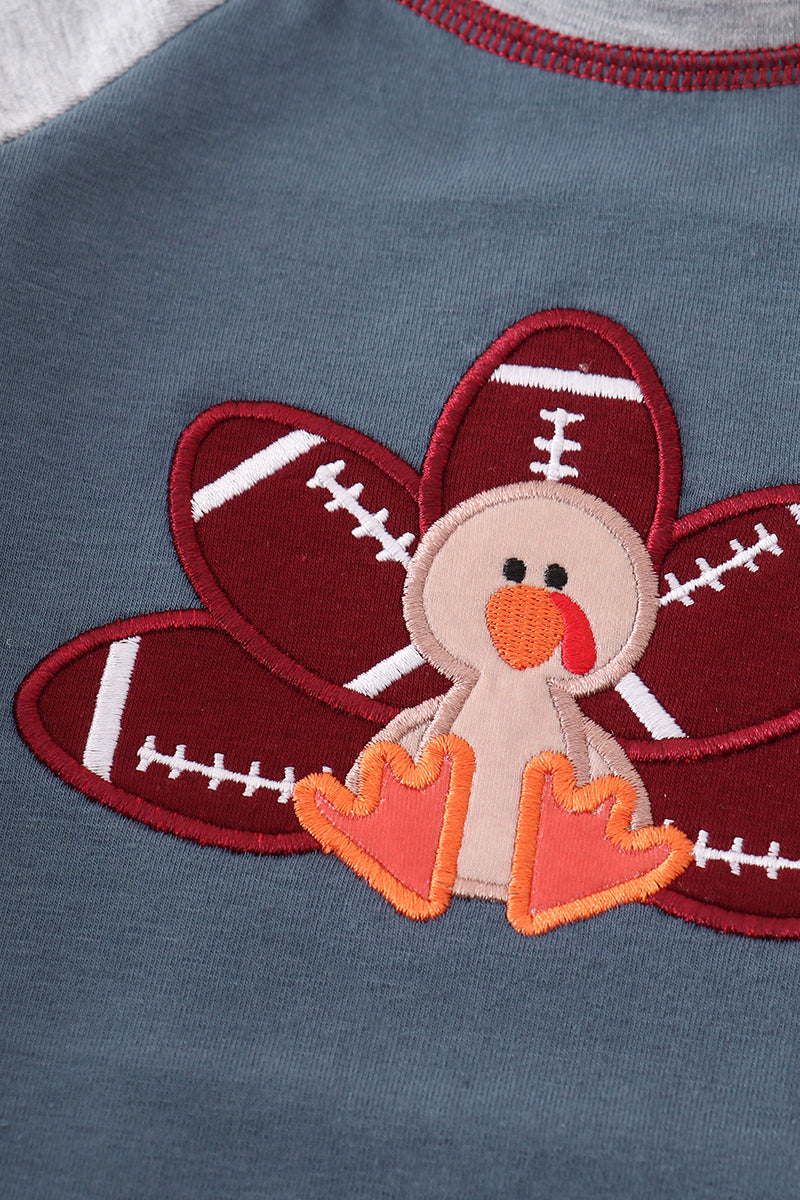 Blue turkey applique boy raglan bubble