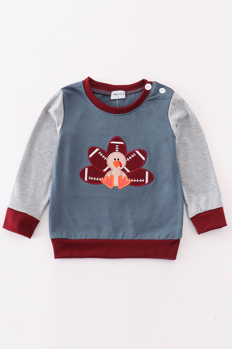 Blue turkey applique boy top