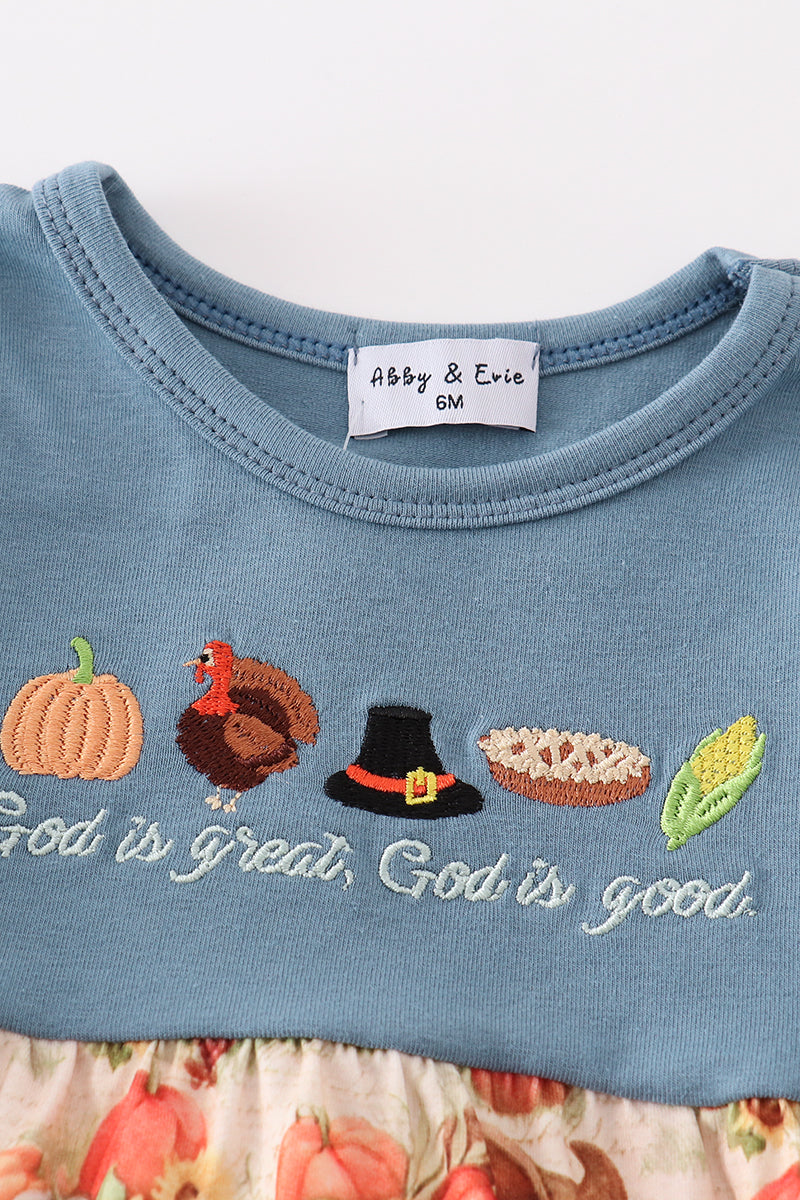 Blue thanksgiving turkey embroidery girl bubble