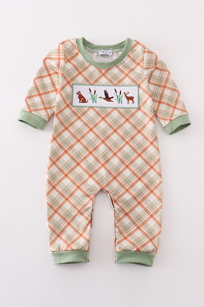 Green hunting duck embroidery boy romper