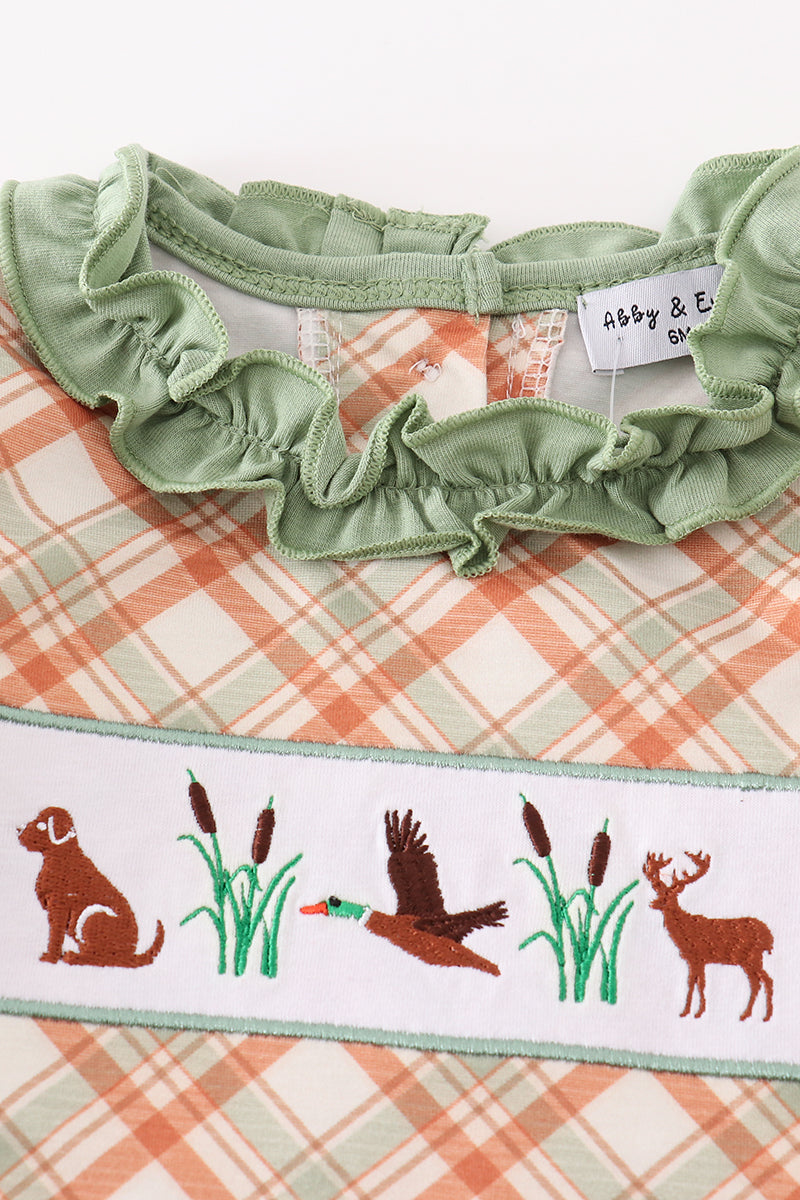 Green hunting duck embroidery girl romper