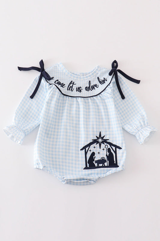 Navy plaid nativity embroidery girl bubble