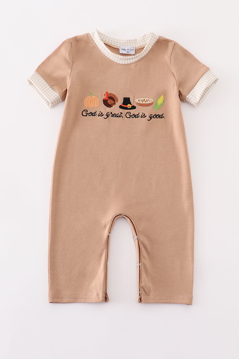 Khaki thanksgiving turkey embroidery boy romper