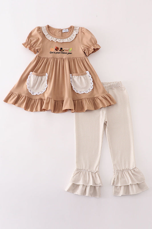 Khaki thanksgiving turkey embroidery girl set