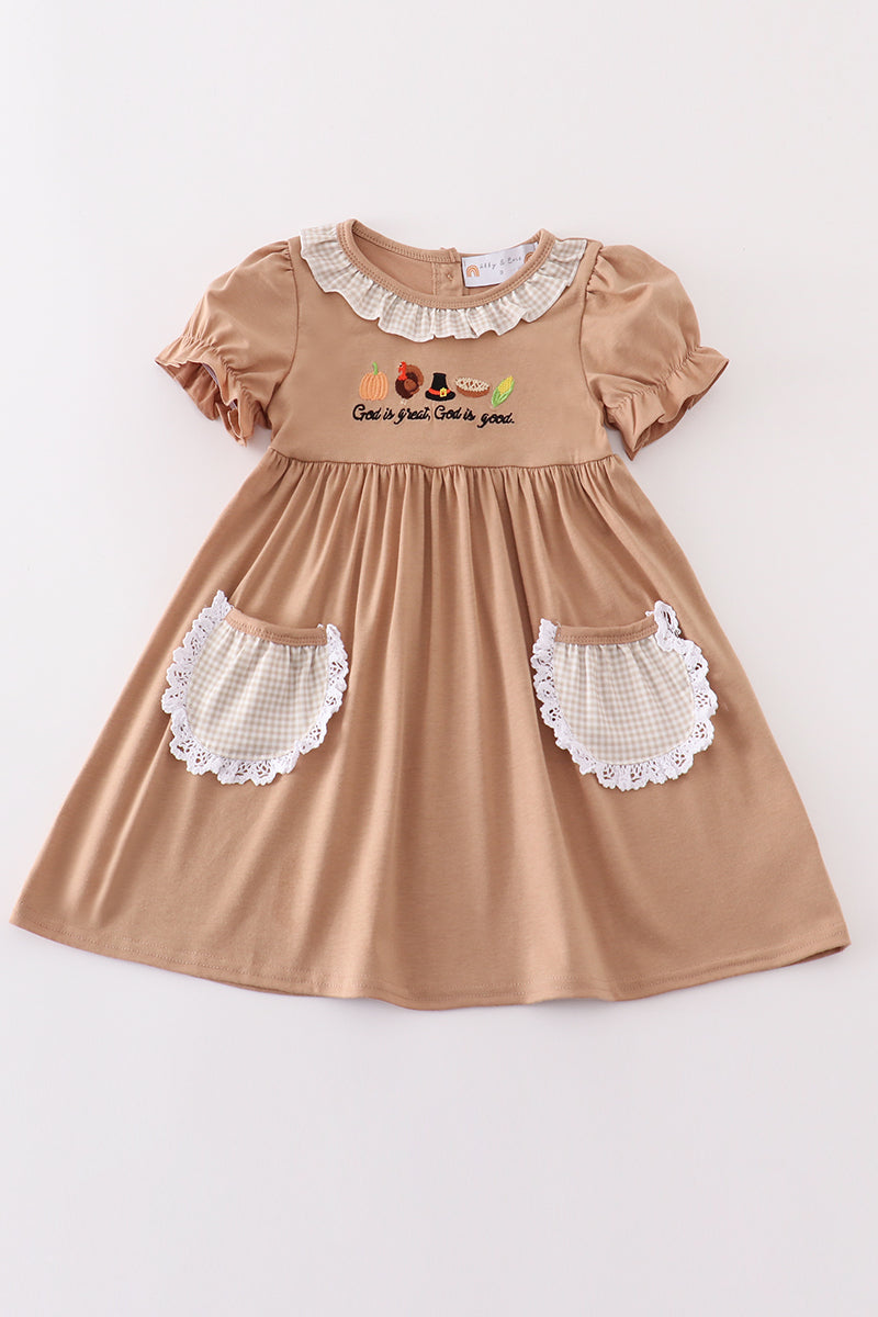 Khaki thanksgiving turkey embroidery dress