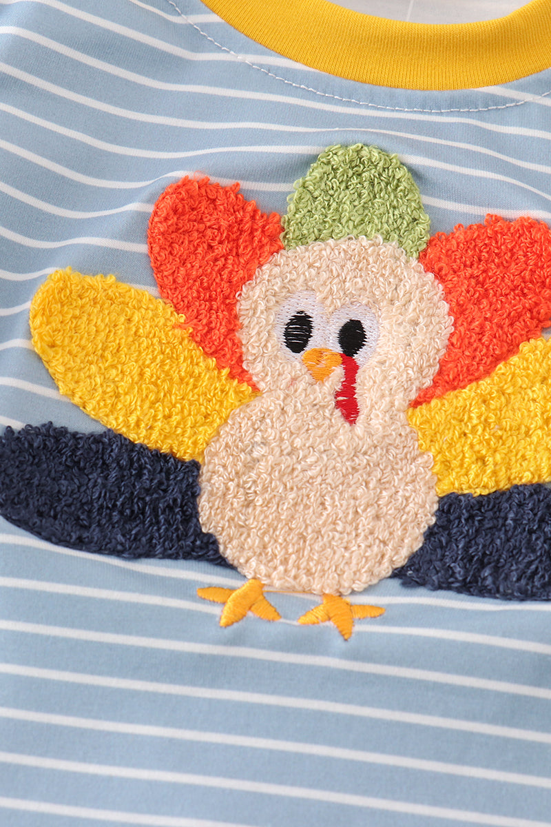 Blue stripe turkey french knot boy romper