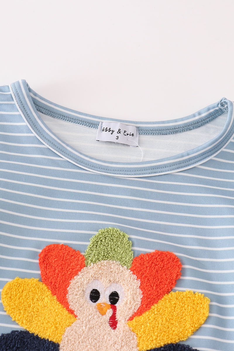 Blue stripe turkey french knot girl set