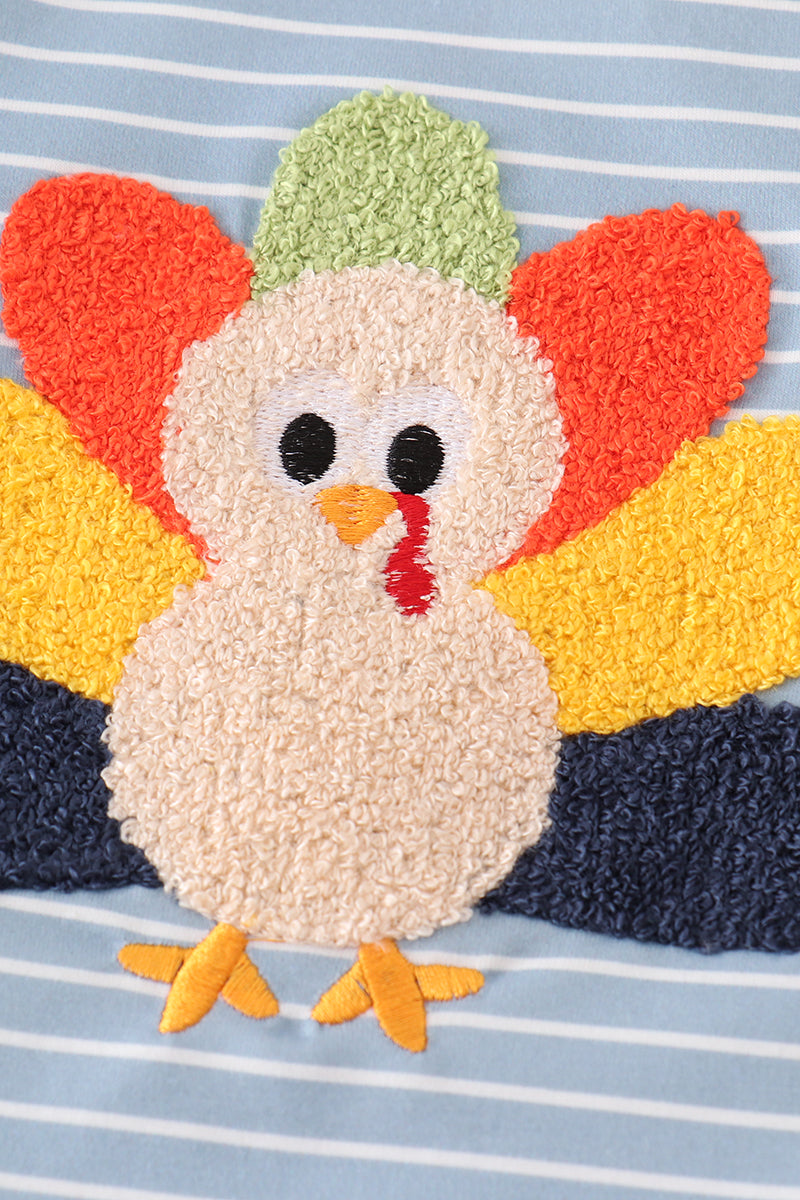 Blue stripe turkey french knot boy set