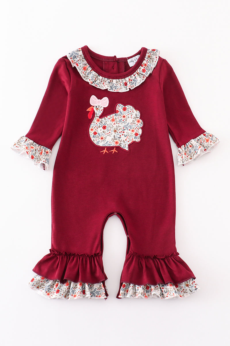 Maroon thanksgiving turkey applique floral girl romper