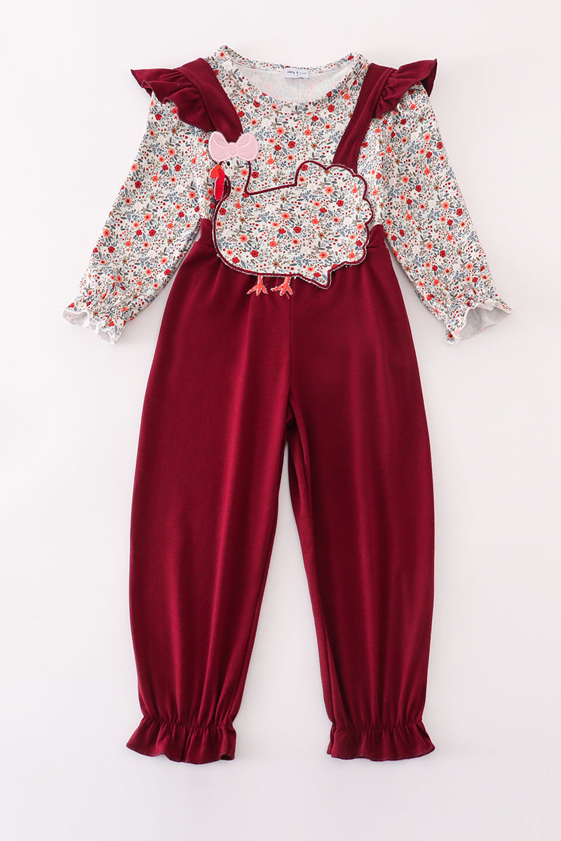 Maroon thanksgiving turkey applique floral girl jumpsuit set