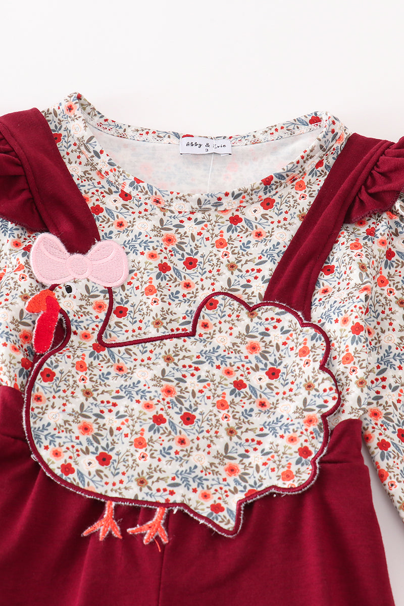 Maroon thanksgiving turkey applique floral girl jumpsuit set