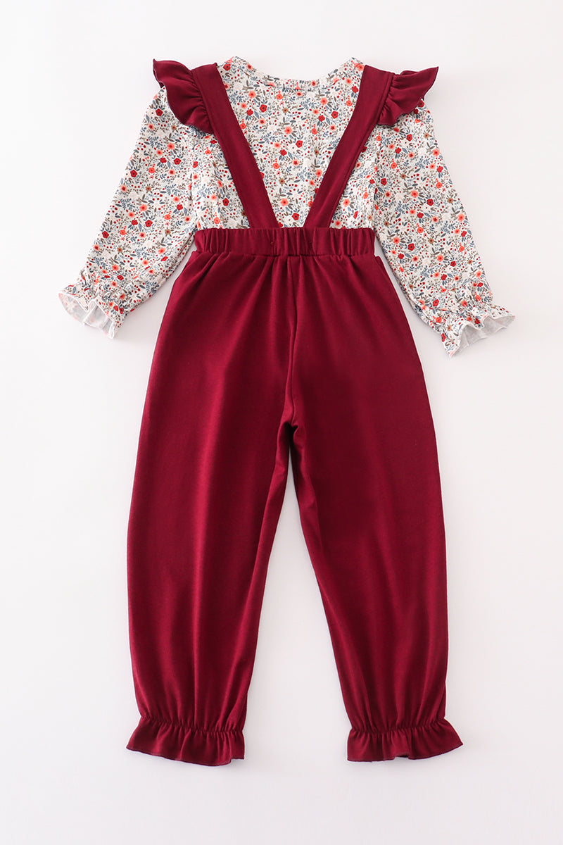 Maroon thanksgiving turkey applique floral girl jumpsuit set