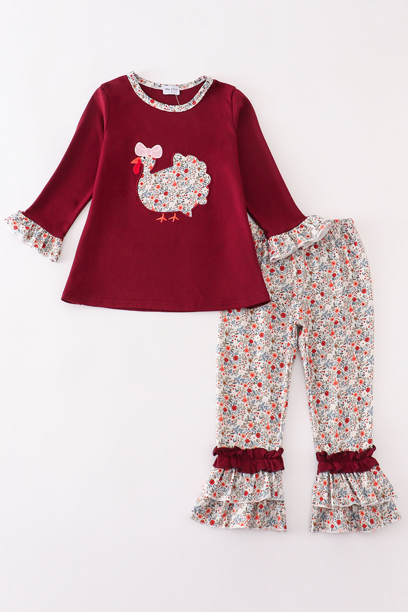 Maroon thanksgiving turkey applique floral girl set