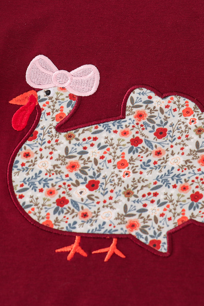 Maroon thanksgiving turkey applique floral girl set