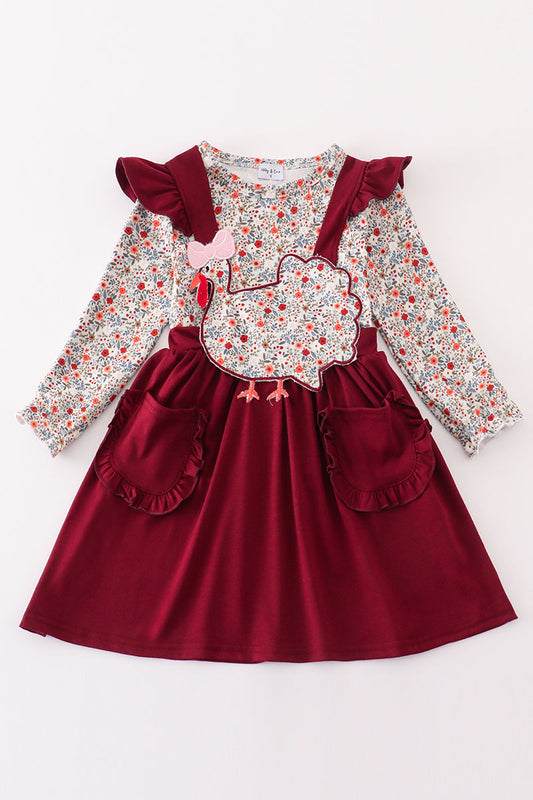 Maroon thanksgiving turkey applique floral girl dress set